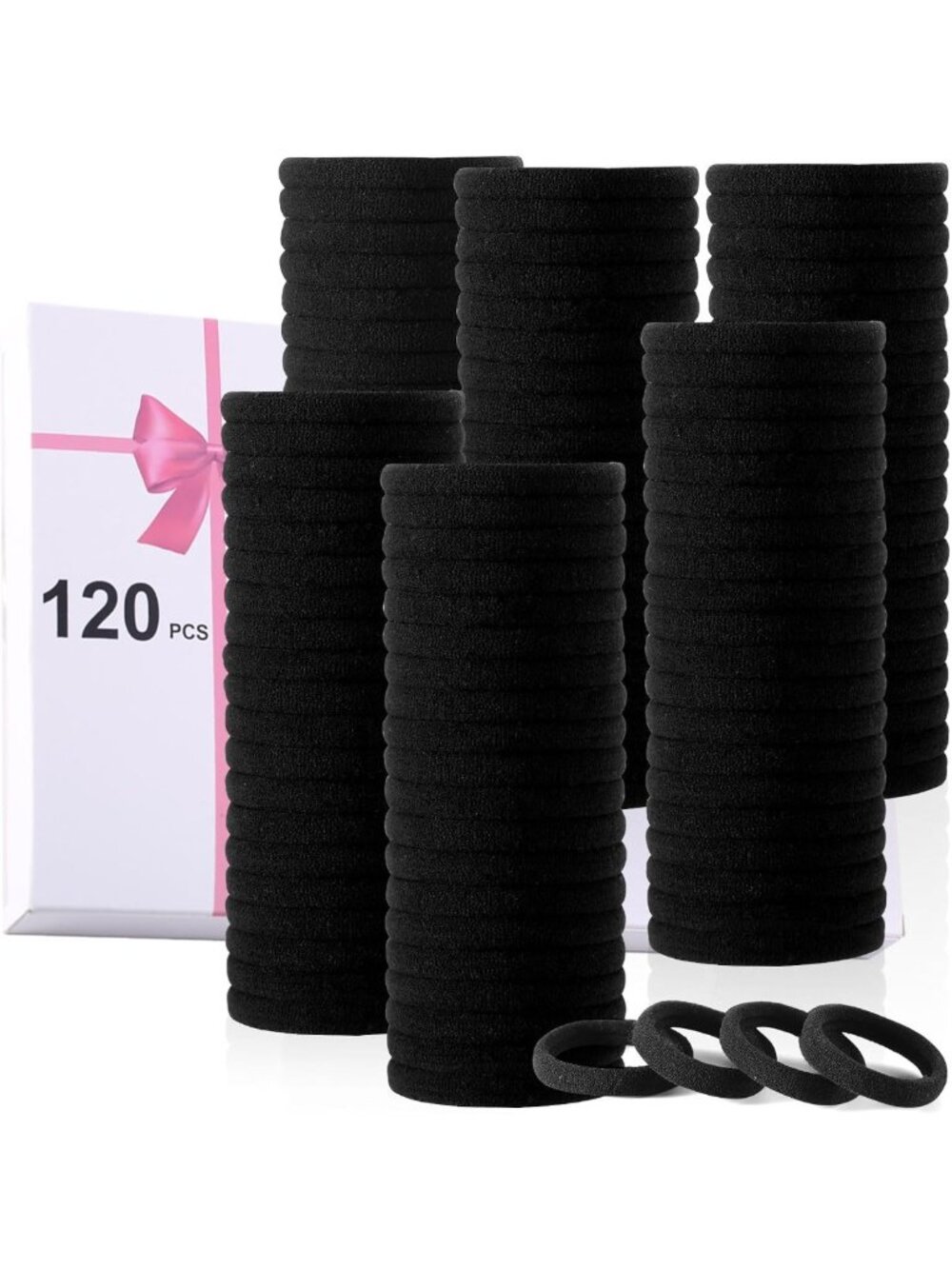120PCS No Damage Black Hair Ties – Seamless Elastic Ponytail Holders for Thick